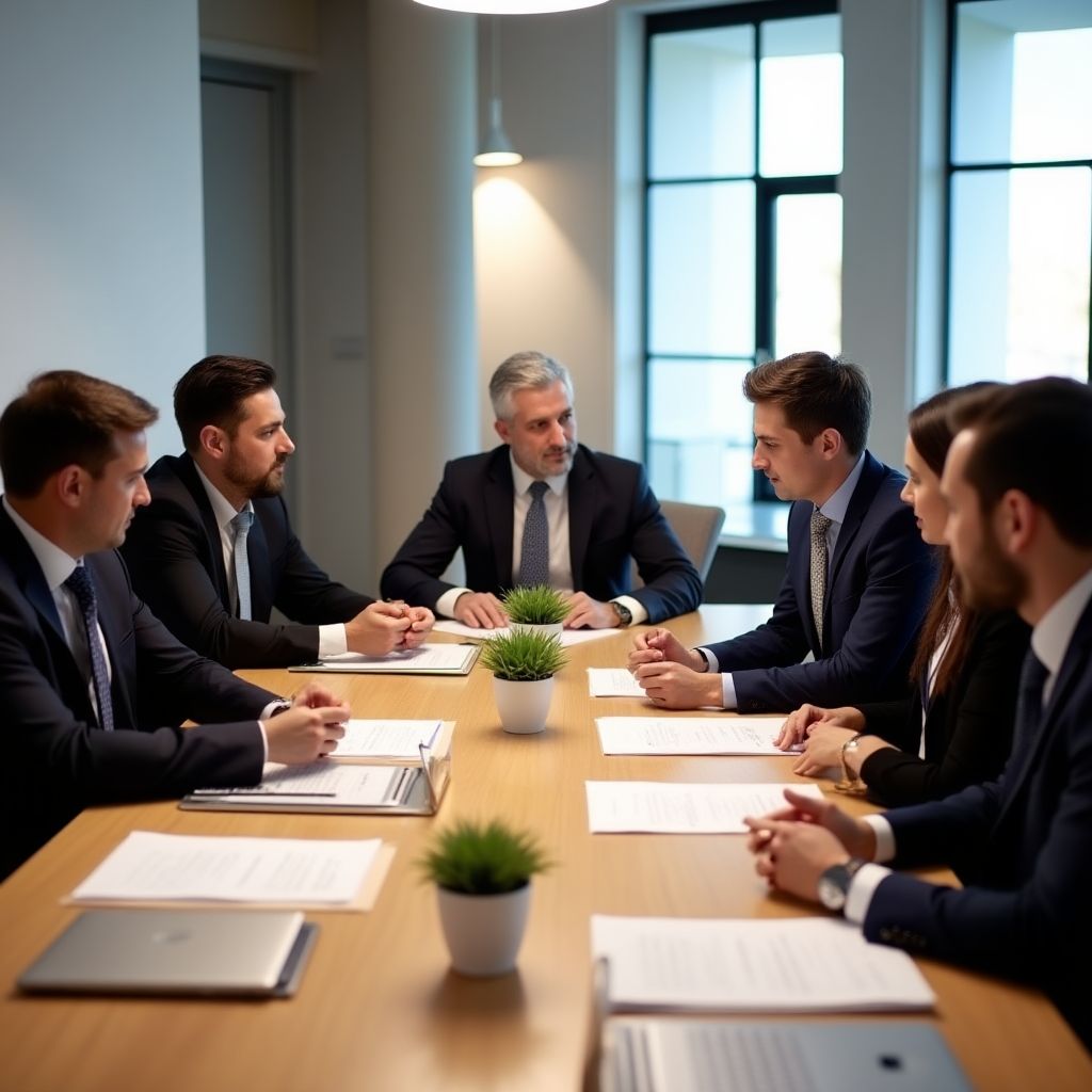 Equipo legal en reunión con clientes